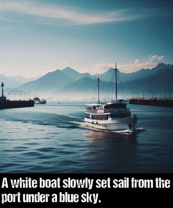 port: A white boat slowly set sail from the port under a blue sky.