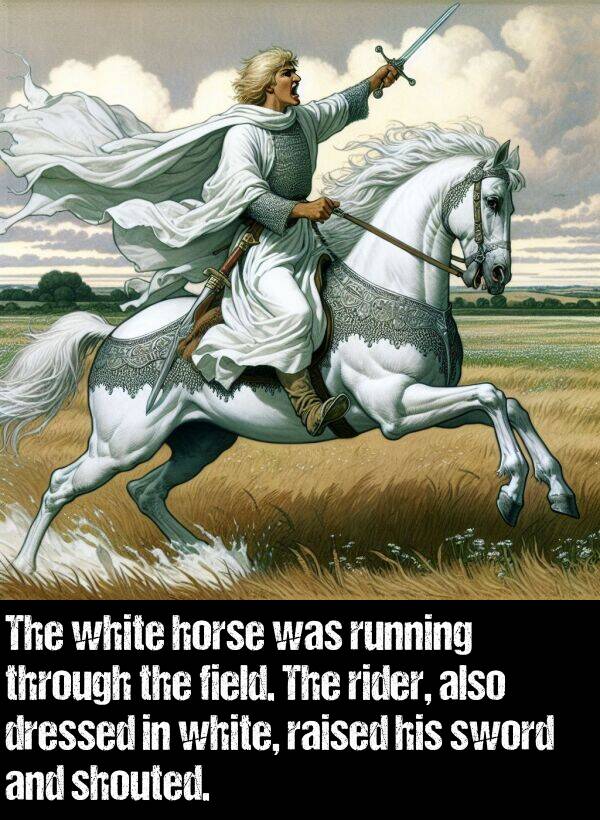 dressed: The white horse was running through the field. The rider, also dressed in white, raised his sword and shouted.