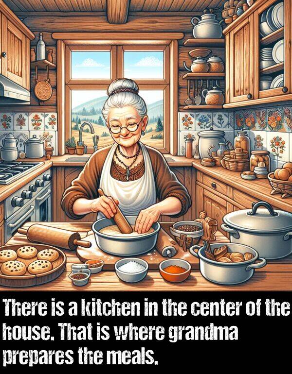 prepares: There is a kitchen in the center of the house. That is where grandma prepares the meals.