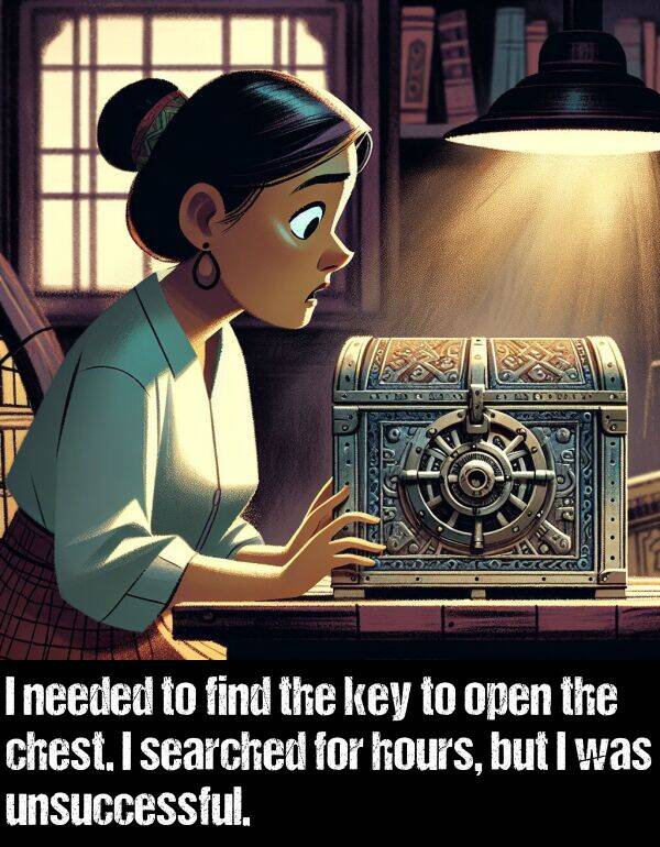 find: I needed to find the key to open the chest. I searched for hours, but I was unsuccessful.