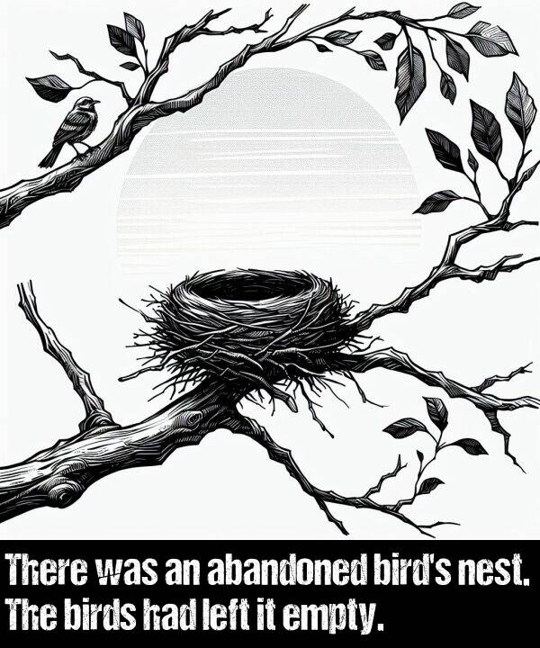 birds: There was an abandoned bird's nest. The birds had left it empty.