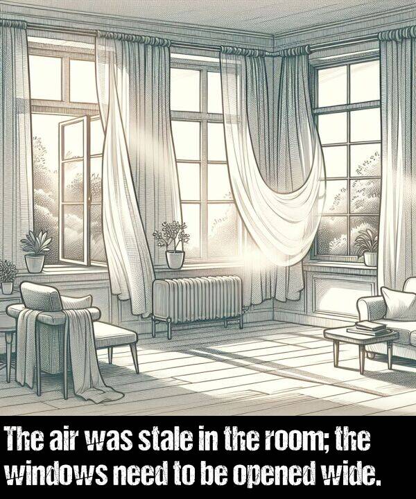 windows: The air was stale in the room; the windows need to be opened wide.