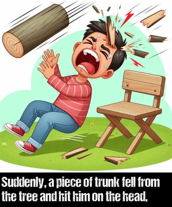 piece: Suddenly, a piece of trunk fell from the tree and hit him on the head.