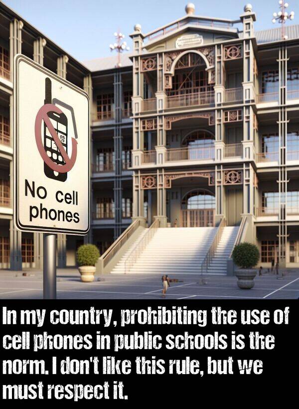 public: In my country, prohibiting the use of cell phones in public schools is the norm. I don't like this rule, but we must respect it.