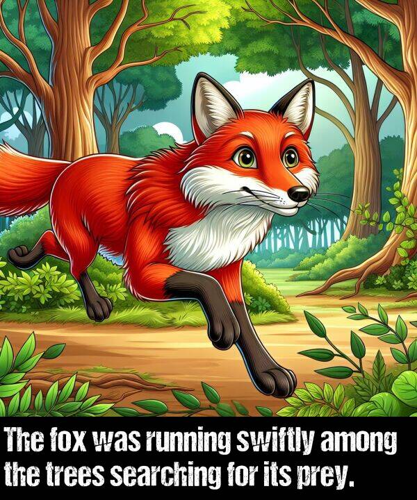 trees: The fox was running swiftly among the trees searching for its prey.