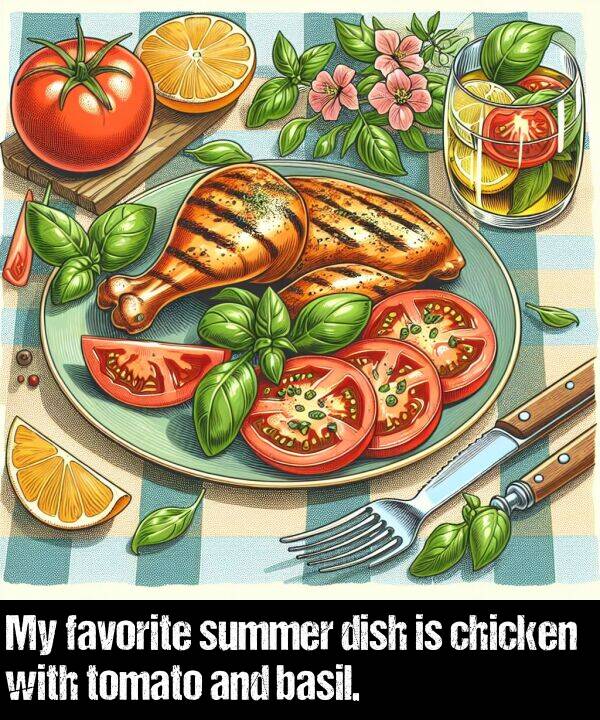 summer: My favorite summer dish is chicken with tomato and basil.