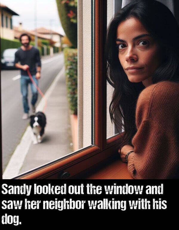 out: Sandy looked out the window and saw her neighbor walking with his dog.