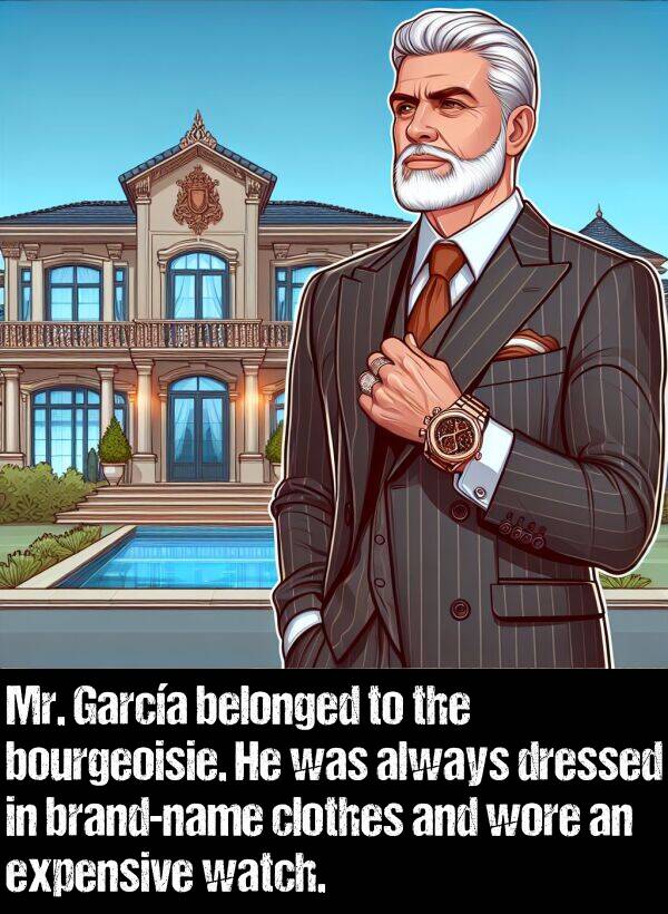 bourgeoisie: Mr. García belonged to the bourgeoisie. He was always dressed in brand-name clothes and wore an expensive watch.