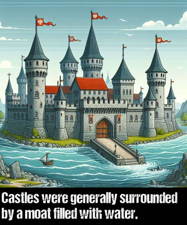 generally: Castles were generally surrounded by a moat filled with water.