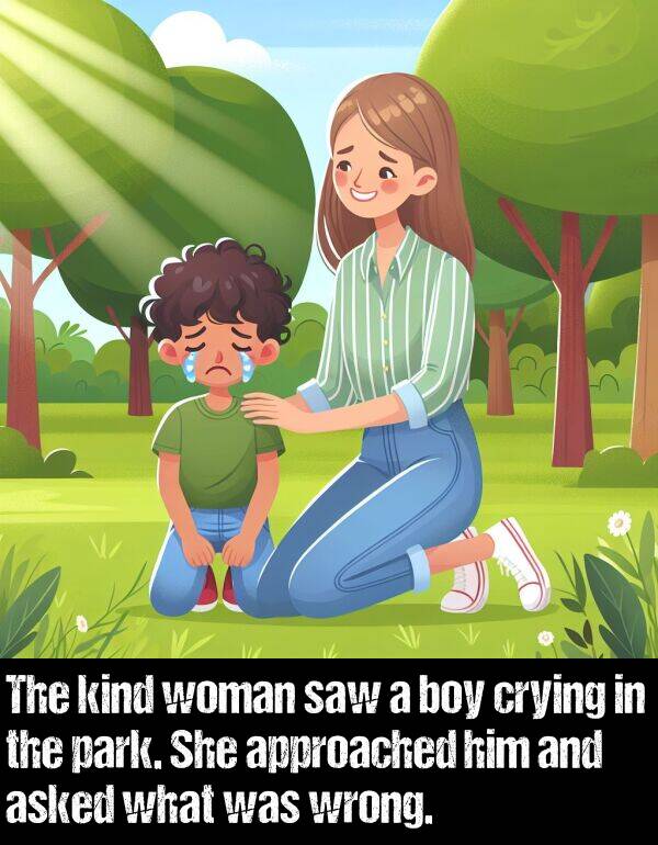 what: The kind woman saw a boy crying in the park. She approached him and asked what was wrong.