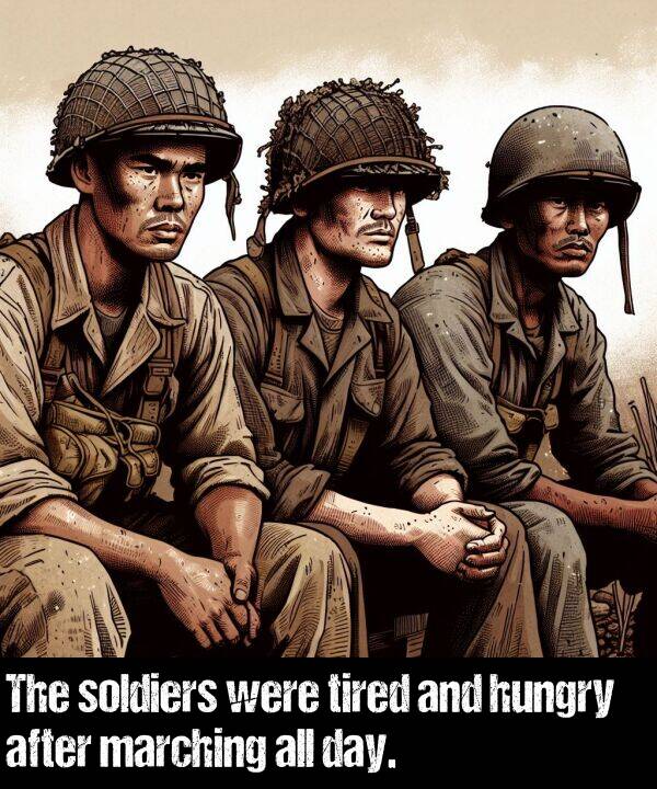 after: The soldiers were tired and hungry after marching all day.