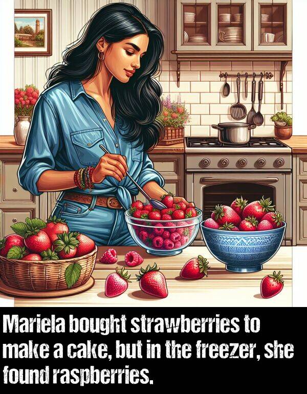 make: Mariela bought strawberries to make a cake, but in the freezer, she found raspberries.