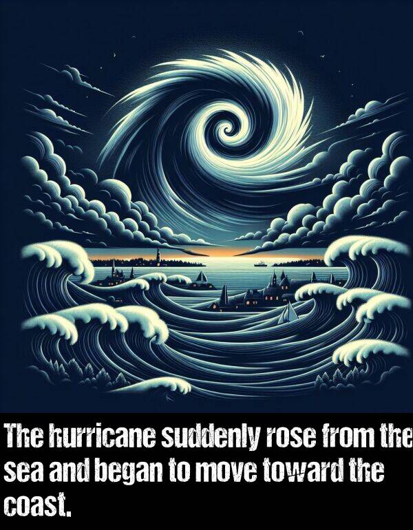 toward: The hurricane suddenly rose from the sea and began to move toward the coast.