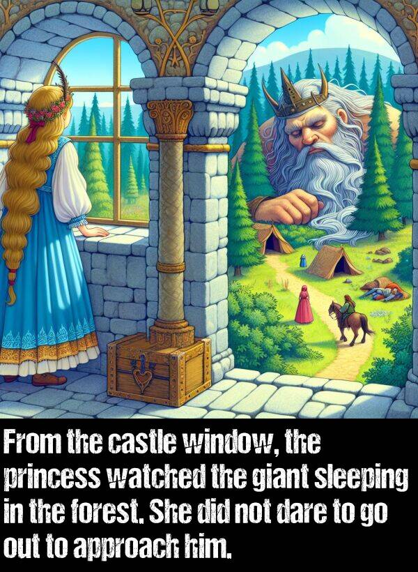 forest: From the castle window, the princess watched the giant sleeping in the forest. She did not dare to go out to approach him.