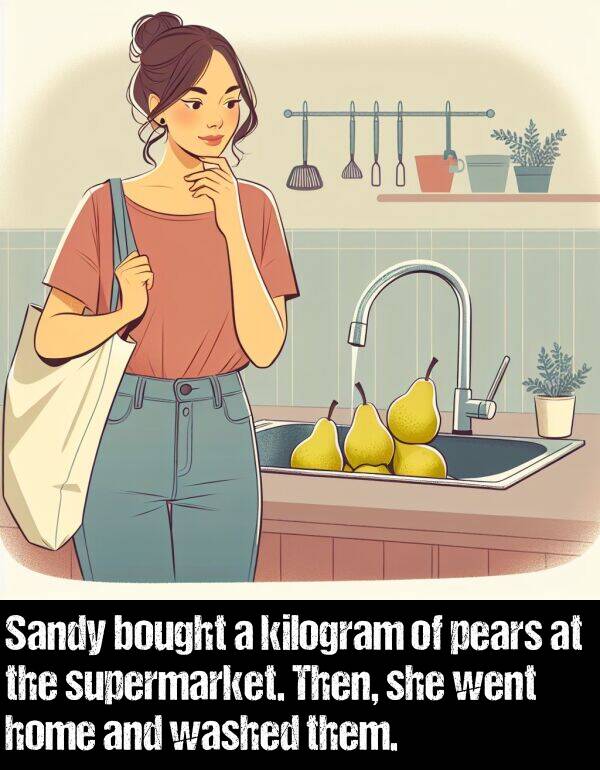 them: Sandy bought a kilogram of pears at the supermarket. Then, she went home and washed them.