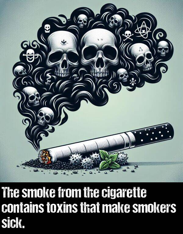 contains: The smoke from the cigarette contains toxins that make smokers sick.