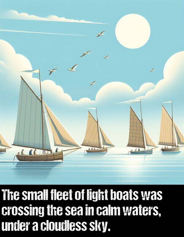 calm: The small fleet of light boats was crossing the sea in calm waters, under a cloudless sky.