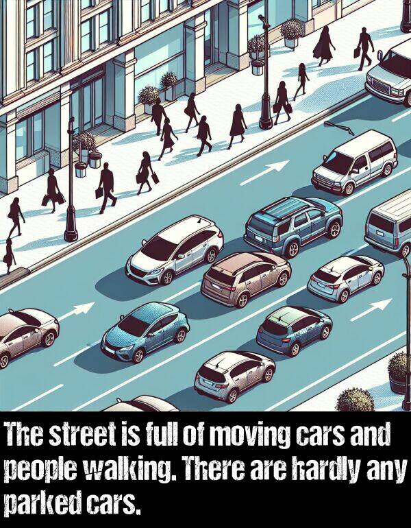 walking: The street is full of moving cars and people walking. There are hardly any parked cars.