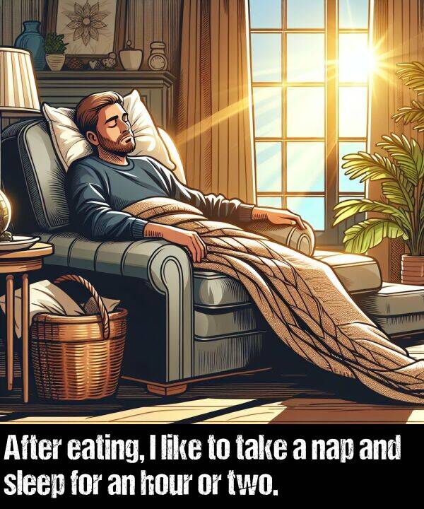 sleep: After eating, I like to take a nap and sleep for an hour or two.