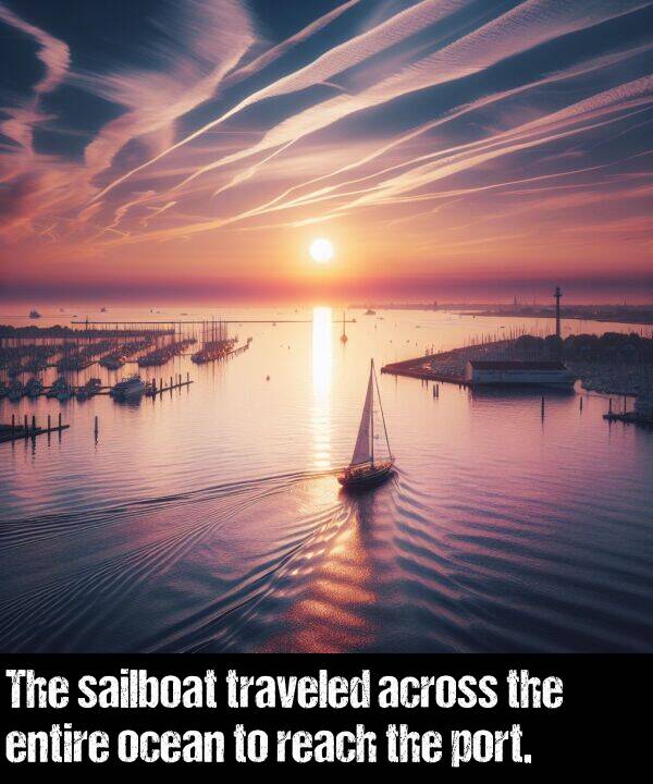 ocean: The sailboat traveled across the entire ocean to reach the port.