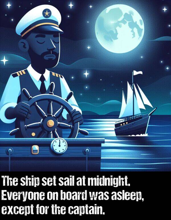 except: The ship set sail at midnight. Everyone on board was asleep, except for the captain.