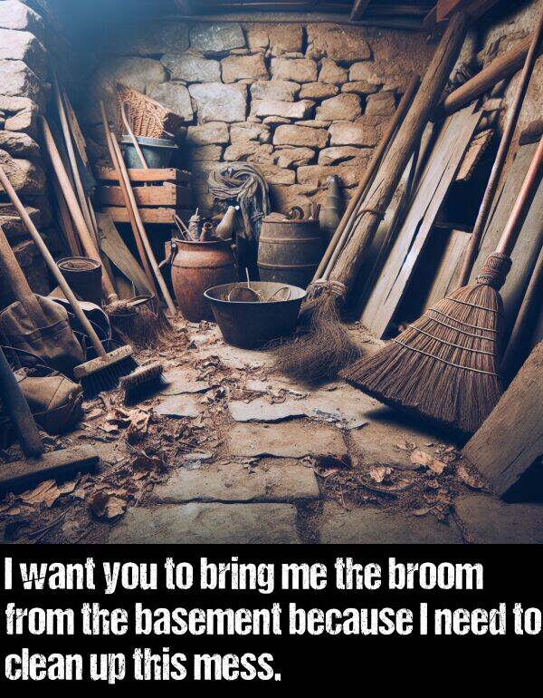 need: I want you to bring me the broom from the basement because I need to clean up this mess.