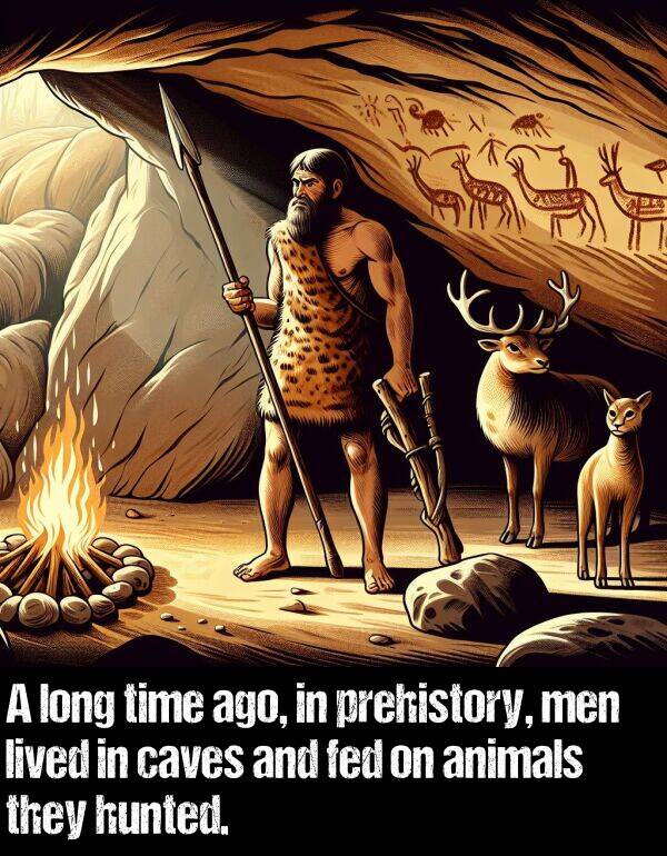 men: A long time ago, in prehistory, men lived in caves and fed on animals they hunted.