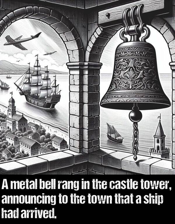 tower: A metal bell rang in the castle tower, announcing to the town that a ship had arrived.