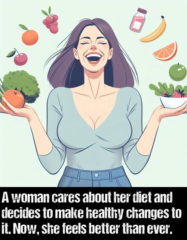 diet: A woman cares about her diet and decides to make healthy changes to it. Now, she feels better than ever.