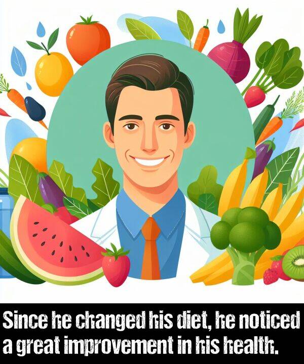 improvement: Since he changed his diet, he noticed a great improvement in his health.