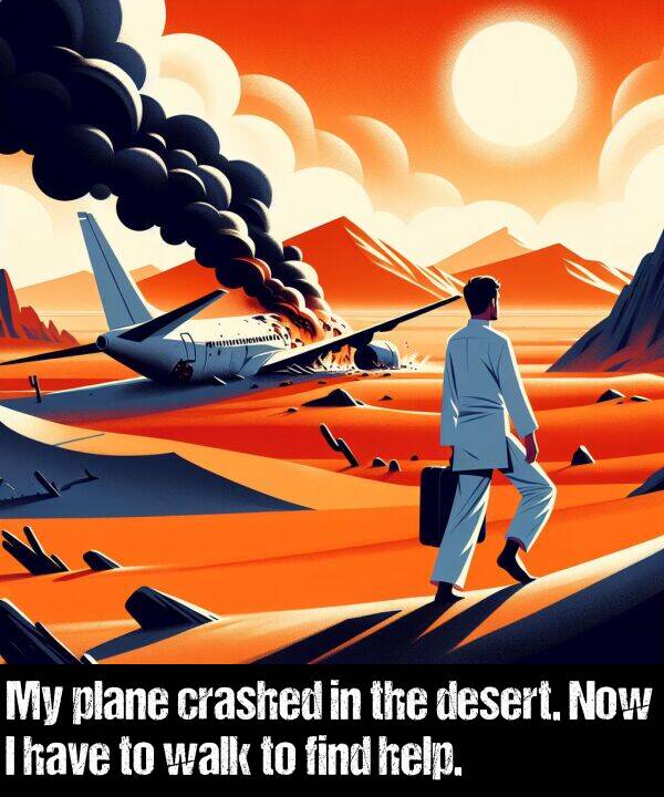 find: My plane crashed in the desert. Now I have to walk to find help.