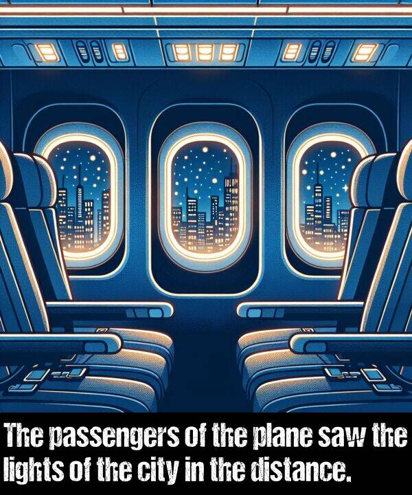 city: The passengers of the plane saw the lights of the city in the distance.