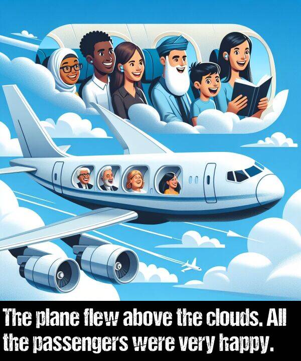 were: The plane flew above the clouds. All the passengers were very happy.