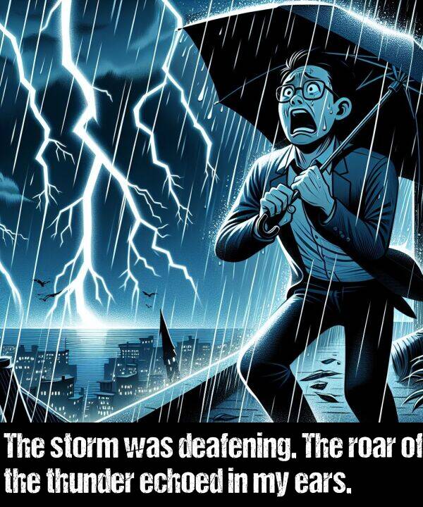 roar: The storm was deafening. The roar of the thunder echoed in my ears.