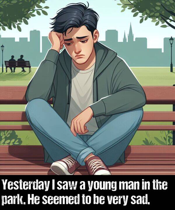 man: Yesterday I saw a young man in the park. He seemed to be very sad.