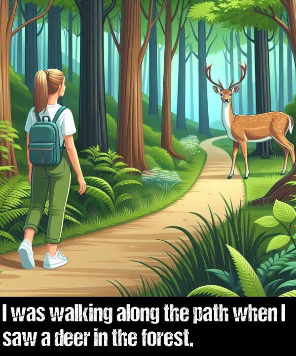 deer: I was walking along the path when I saw a deer in the forest.