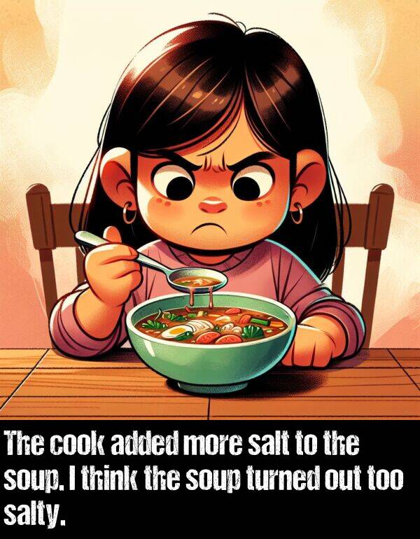 think: The cook added more salt to the soup. I think the soup turned out too salty.