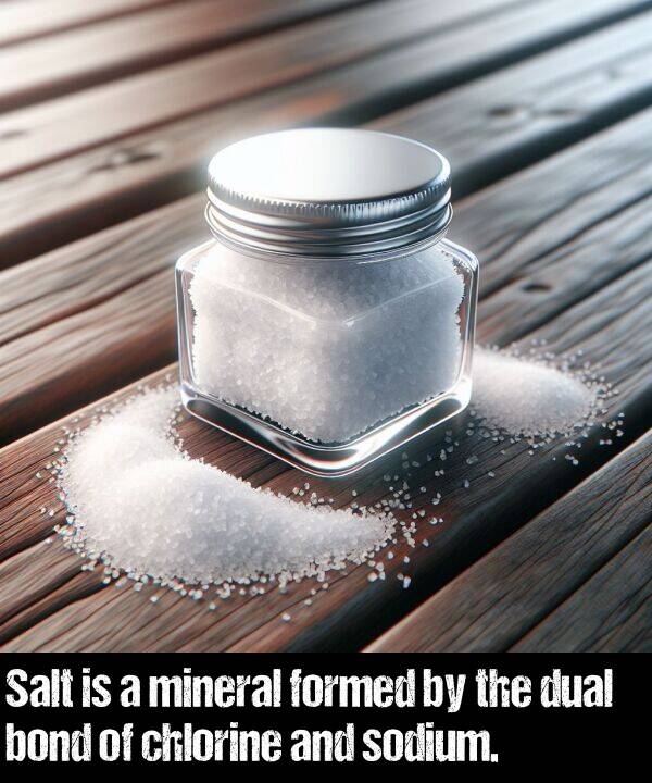 mineral: Salt is a mineral formed by the dual bond of chlorine and sodium.