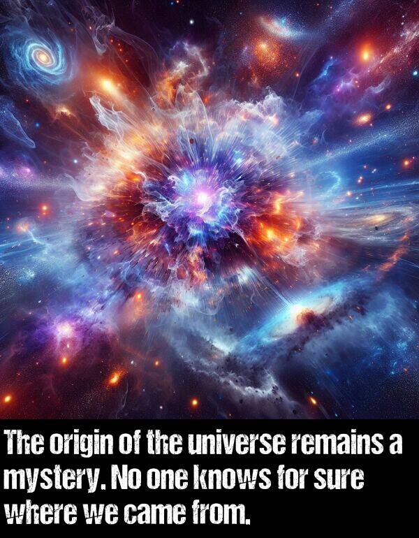 where: The origin of the universe remains a mystery. No one knows for sure where we came from.