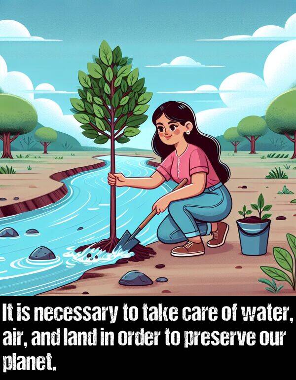 order: It is necessary to take care of water, air, and land in order to preserve our planet.