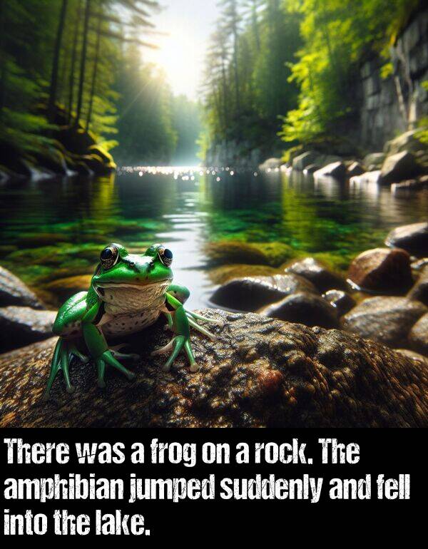 into: There was a frog on a rock. The amphibian jumped suddenly and fell into the lake.