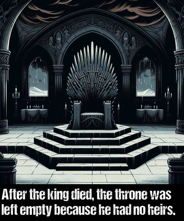 died: After the king died, the throne was left empty because he had no heirs.