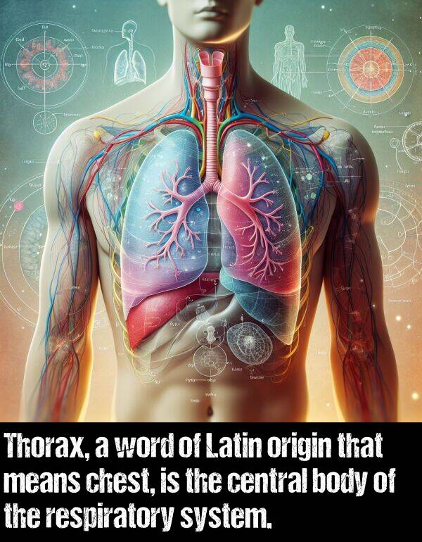 word: Thorax, a word of Latin origin that means chest, is the central body of the respiratory system.