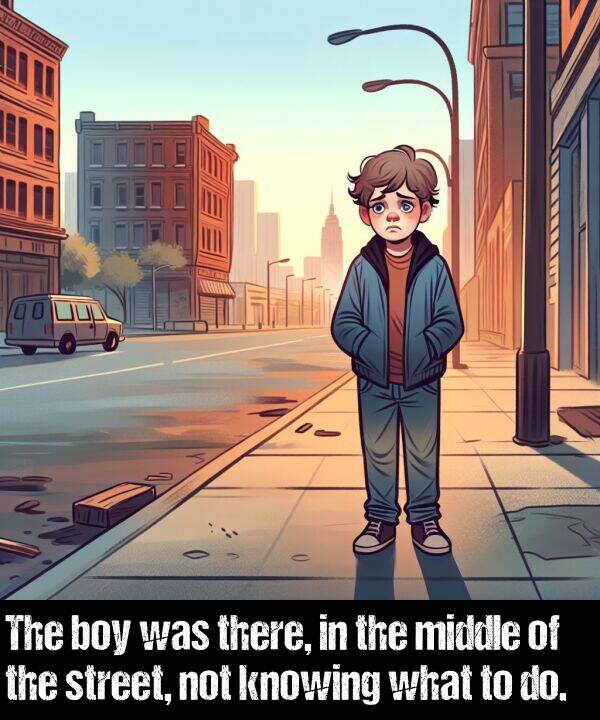 what: The boy was there, in the middle of the street, not knowing what to do.