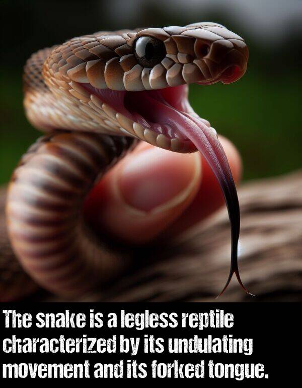 snake: The snake is a legless reptile characterized by its undulating movement and its forked tongue.