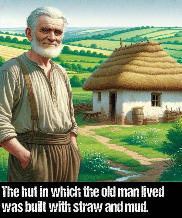 built: The hut in which the old man lived was built with straw and mud.