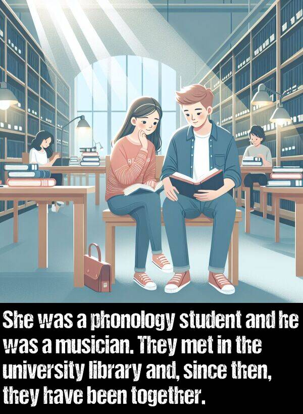 library: She was a phonology student and he was a musician. They met in the university library and, since then, they have been together.