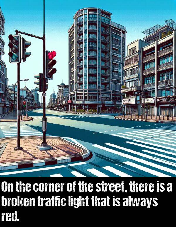 traffic: On the corner of the street, there is a broken traffic light that is always red.