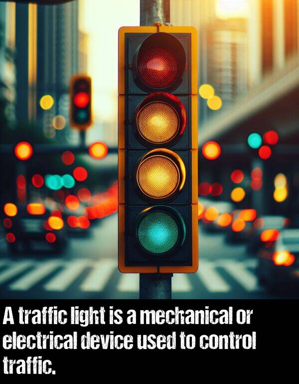 traffic: A traffic light is a mechanical or electrical device used to control traffic.