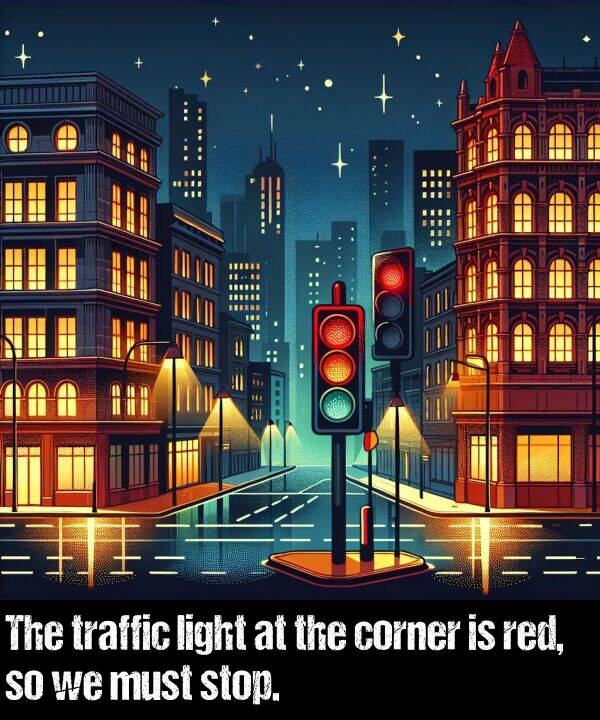 traffic: The traffic light at the corner is red, so we must stop.